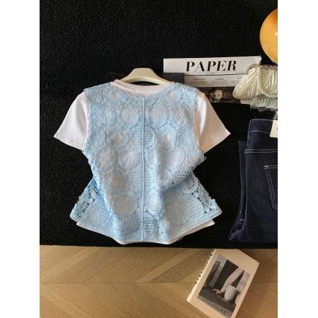 BY20873# 钩花镂空背心叠穿T恤两件套女夏日新款穿搭上衣  服裝批發女裝批發服飾貨源
