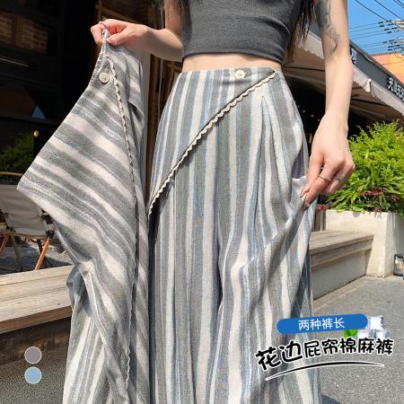 BY20882# 假两件蕾丝花边屁帘条纹阔腿裤女夏季垂感冰丝棉麻休闲直筒裤  服裝批發女裝批發服飾貨源