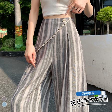 BY20882# 假两件蕾丝花边屁帘条纹阔腿裤女夏季垂感冰丝棉麻休闲直筒裤  服裝批發女裝批發服飾貨源