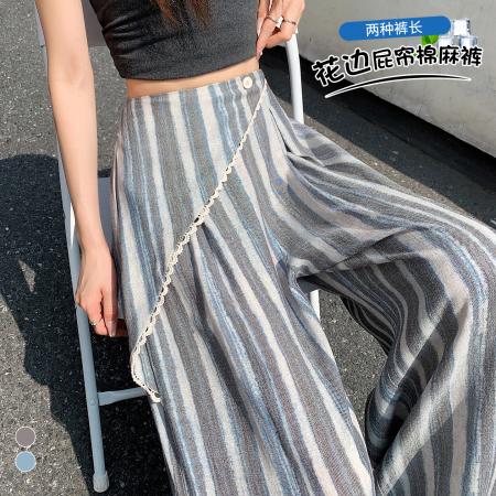 BY20882# 假两件蕾丝花边屁帘条纹阔腿裤女夏季垂感冰丝棉麻休闲直筒裤  服裝批發女裝批發服飾貨源