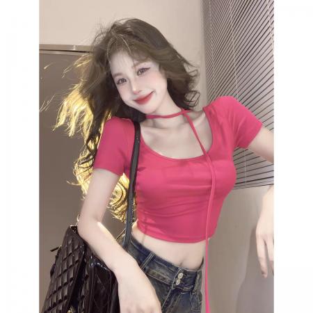BY20886# 显身材甜辣妹气质方领上衣女紧身短款夏季纯欲正肩短袖t恤女修身  服裝批發女裝批發服飾貨源