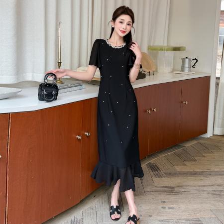 BY20891# 大码钉珠轻奢气质拼接鱼尾钉钻连衣裙  服裝批發女裝批發服飾貨源