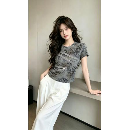 BY20892# 复古豹纹辣妹风小众设计感圆领百搭收腰显瘦短袖T恤  服裝批發女裝批發服飾貨源