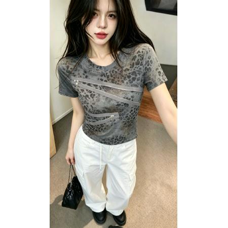 BY20892# 复古豹纹辣妹风小众设计感圆领百搭收腰显瘦短袖T恤  服裝批發女裝批發服飾貨源