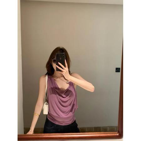 BY20894# 施薇靓私服日常新款天丝金属装饰V领荡领针织背心女夏外穿  服裝批發女裝批發服飾貨源
