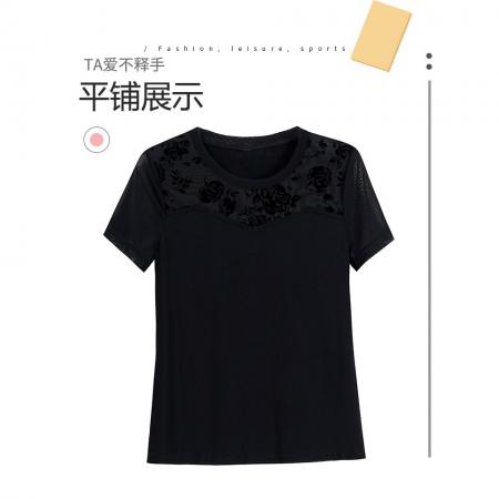 BY20898# 欧货洋气小衫网纱微透圆领T恤夏季修身百搭黑色蕾丝上衣  服裝批發女裝批發服飾貨源