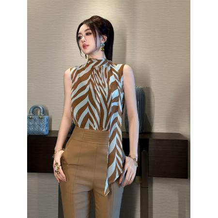 BY20903# 欧洲站条纹上衣女夏季新款高领无袖漂亮气质高品质飘带雪纺衫  服裝批發女裝批發服飾貨源