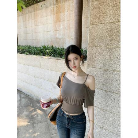 BY20917# 轻氧公式莱赛尔吊带斜肩收腰短T恤女春夏垂感上衣  服裝批發女裝批發服飾貨源