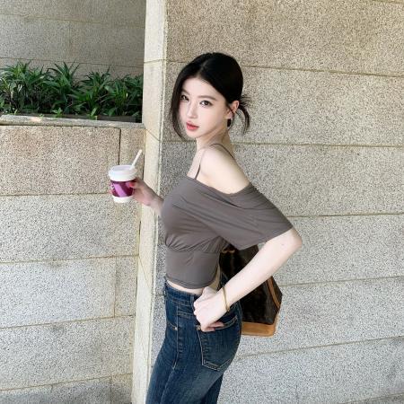 BY20917# 轻氧公式莱赛尔吊带斜肩收腰短T恤女春夏垂感上衣  服裝批發女裝批發服飾貨源
