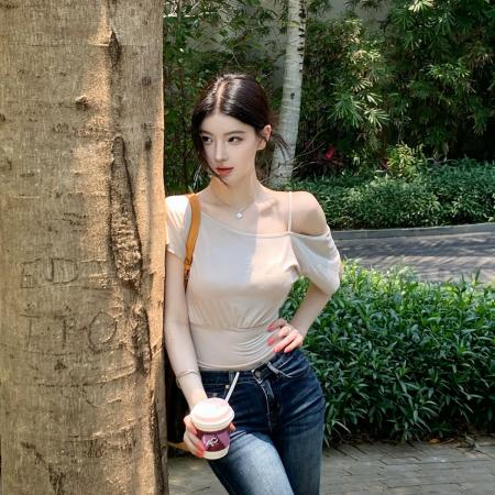BY20917# 轻氧公式莱赛尔吊带斜肩收腰短T恤女春夏垂感上衣  服裝批發女裝批發服飾貨源