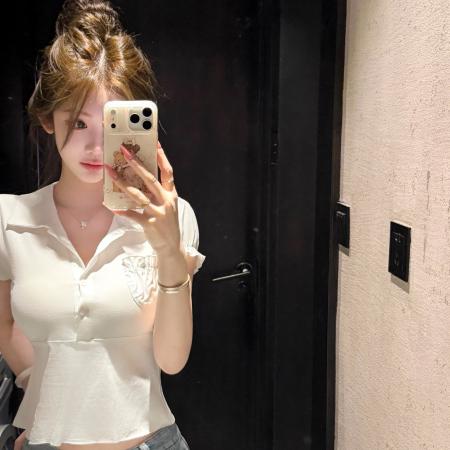 BY20921# 校刊女神减龄少女感泡泡袖POLO领短袖T恤百搭显瘦上衣夏  服裝批發女裝批發服飾貨源