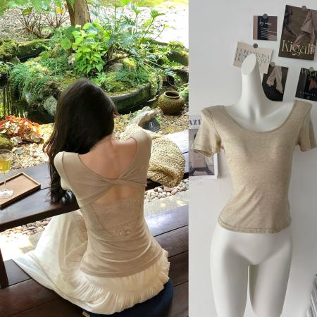 BY20929# 莱赛尔后背扭结蕾丝短袖T恤女夏新款设计感收腰上衣  服裝批發女裝批發服飾貨源
