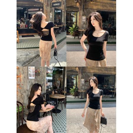BY20929# 莱赛尔后背扭结蕾丝短袖T恤女夏新款设计感收腰上衣  服裝批發女裝批發服飾貨源