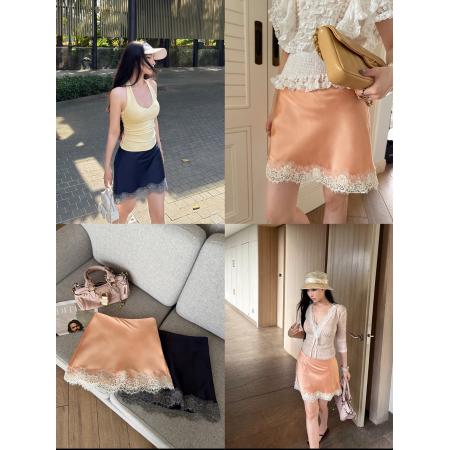 BY20934# 吴太甜法式缎面蕾丝拼接半身裙女夏设计感a字包臀短裙  服裝批發女裝批發服飾貨源