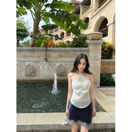 BY20934# 吴太甜法式缎面蕾丝拼接半身裙女夏设计感a字包臀短裙  服裝批發女裝批發服飾貨源