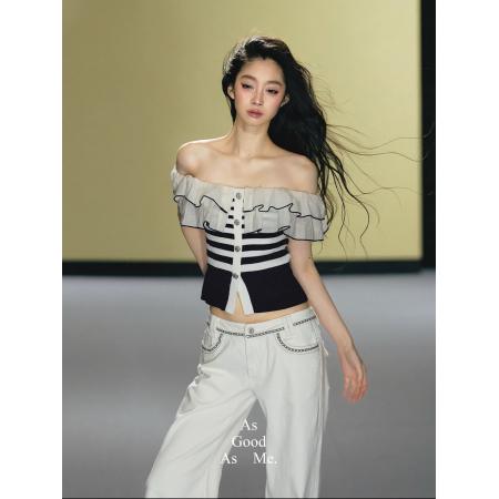 BY20935# 荷叶边拼接一字肩上衣海军风撞色修身针织短袖T恤  服裝批發女裝批發服飾貨源