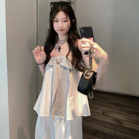 BY20937# 自制夏日留白条纹蝴蝶结白色抹胸无袖上衣  服裝批發女裝批發服飾貨源