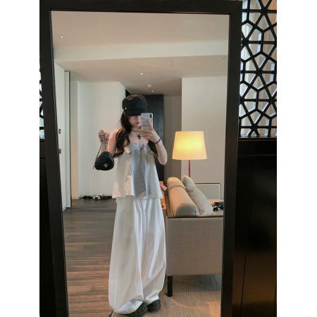 BY20937# 自制夏日留白条纹蝴蝶结白色抹胸无袖上衣  服裝批發女裝批發服飾貨源