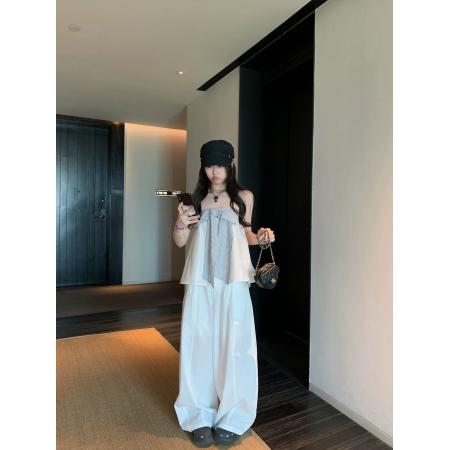 BY20937# 自制夏日留白条纹蝴蝶结白色抹胸无袖上衣  服裝批發女裝批發服飾貨源