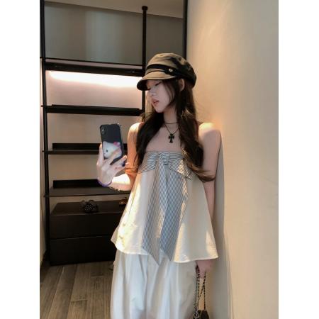 BY20937# 自制夏日留白条纹蝴蝶结白色抹胸无袖上衣  服裝批發女裝批發服飾貨源