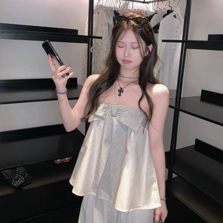 BY20937# 自制夏日留白条纹蝴蝶结白色抹胸无袖上衣  服裝批發女裝批發服飾貨源