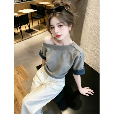 BY20943# 灰色斜领拼接牛仔显瘦短袖T恤女夏季美式巨好看小众穿搭上衣  服裝批發女裝批發服飾貨源