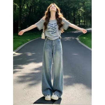 BY20945# 美式休闲宽松灰拼红假两件斜肩短袖t恤女新款夏季设计感上衣  服裝批發女裝批發服飾貨源