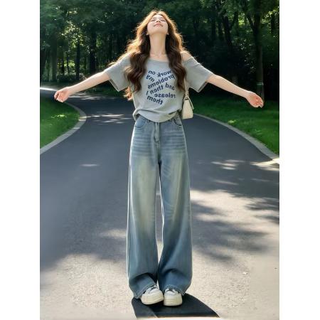 BY20945# 美式休闲宽松灰拼红假两件斜肩短袖t恤女新款夏季设计感上衣  服裝批發女裝批發服飾貨源