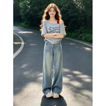 BY20945# 美式休闲宽松灰拼红假两件斜肩短袖t恤女新款夏季设计感上衣  服裝批發女裝批發服飾貨源