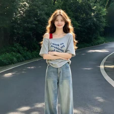 BY20945# 美式休闲宽松灰拼红假两件斜肩短袖t恤女新款夏季设计感上衣  服裝批發女裝批發服飾貨源