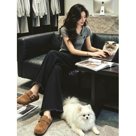 BY20946# 灰色新中式斜领盘扣收腰显瘦短袖t恤女新款夏季独特漂亮上衣  服裝批發女裝批發服飾貨源