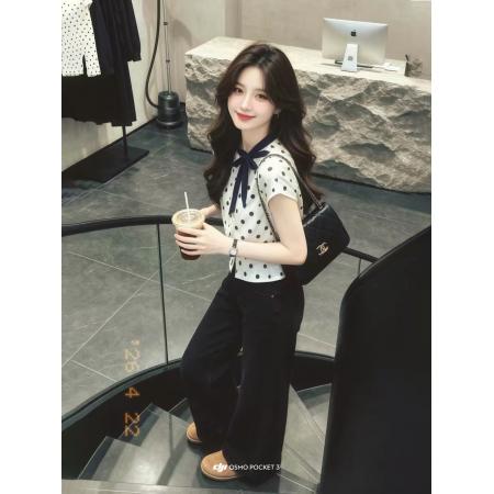 BY20948# 白色波点蝴蝶结收腰短袖衬衫衬衣女夏季绝美巨好看氛围感上衣  服裝批發女裝批發服飾貨源