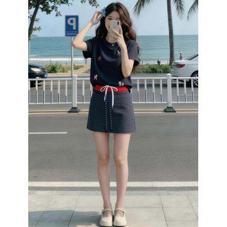 BY20951# 韩系时尚套装女夏新款减龄卡通刺绣短袖休闲短裙两件套  服裝批發女裝批發服飾貨源