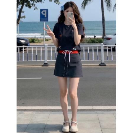 BY20951# 韩系时尚套装女夏新款减龄卡通刺绣短袖休闲短裙两件套  服裝批發女裝批發服飾貨源