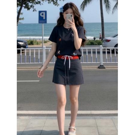 BY20951# 韩系时尚套装女夏新款减龄卡通刺绣短袖休闲短裙两件套  服裝批發女裝批發服飾貨源
