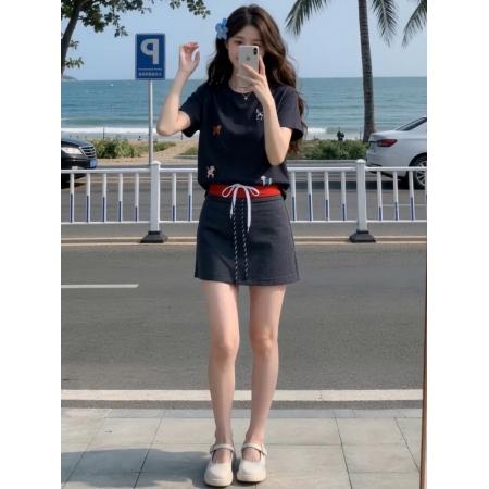 BY20951# 韩系时尚套装女夏新款减龄卡通刺绣短袖休闲短裙两件套  服裝批發女裝批發服飾貨源