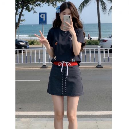 BY20951# 韩系时尚套装女夏新款减龄卡通刺绣短袖休闲短裙两件套  服裝批發女裝批發服飾貨源