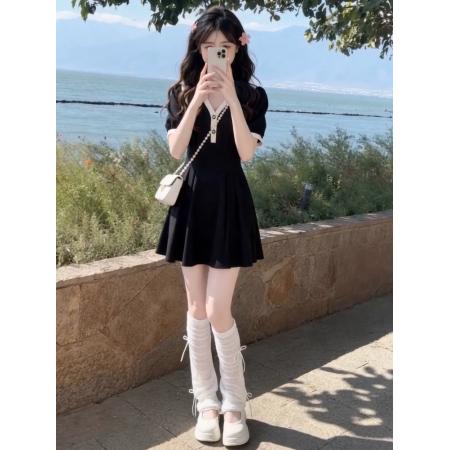 BY20956# 新款法式小个子学院风Polo连衣裙子女夏季巨好看梨型身材短裙  服裝批發女裝批發服飾貨源