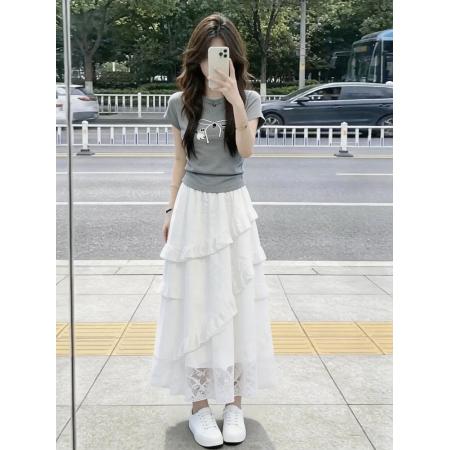 BY20960# 韩系显瘦套装灰色正肩短袖t恤女夏季波点蕾丝边蛋糕裙两件套  服裝批發女裝批發服飾貨源