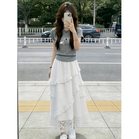 BY20960# 韩系显瘦套装灰色正肩短袖t恤女夏季波点蕾丝边蛋糕裙两件套  服裝批發女裝批發服飾貨源