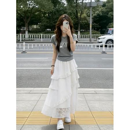 BY20960# 韩系显瘦套装灰色正肩短袖t恤女夏季波点蕾丝边蛋糕裙两件套  服裝批發女裝批發服飾貨源