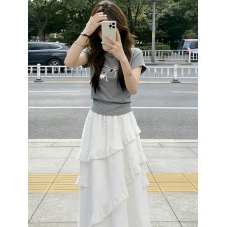 BY20960# 韩系显瘦套装灰色正肩短袖t恤女夏季波点蕾丝边蛋糕裙两件套  服裝批發女裝批發服飾貨源