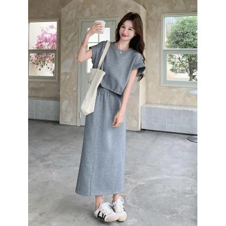 BY20961# 重工亮片烫钻灰色t恤连衣裙两件套装女夏超好看小众减龄休闲长裙  服裝批發女裝批發服飾貨源