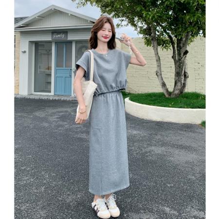 BY20961# 重工亮片烫钻灰色t恤连衣裙两件套装女夏超好看小众减龄休闲长裙  服裝批發女裝批發服飾貨源