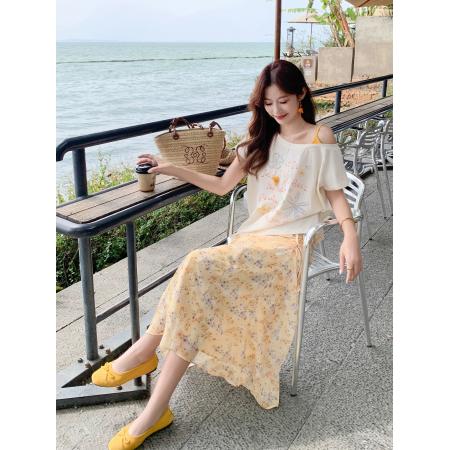 BY20962# 韩系黄色半身裙套装女夏季新款裙子抽绳碎花裙休闲高腰两件套女  服裝批發女裝批發服飾貨源
