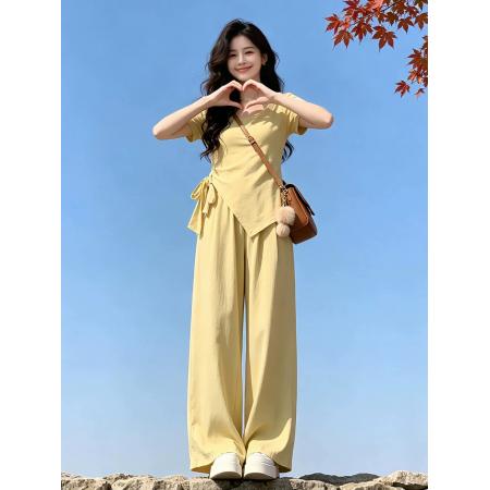 BY20963# 独特漂亮夏装一整套减龄多巴胺系带上衣阔腿裤休闲运动两件套装女  服裝批發女裝批發服飾貨源