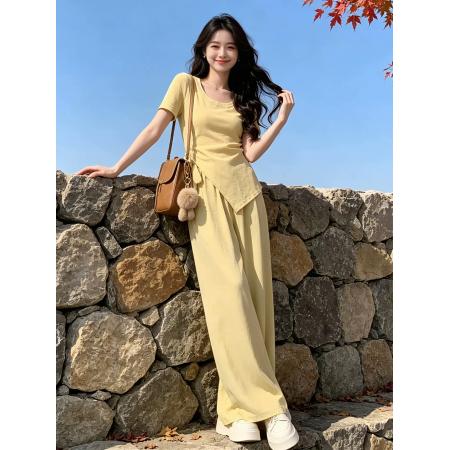 BY20963# 独特漂亮夏装一整套减龄多巴胺系带上衣阔腿裤休闲运动两件套装女  服裝批發女裝批發服飾貨源