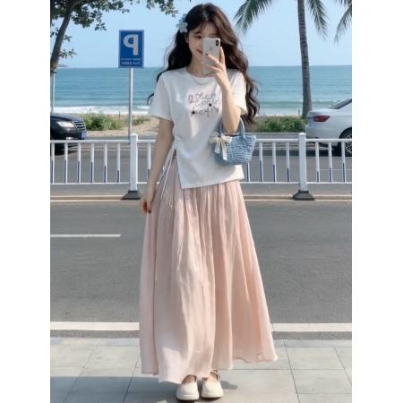 BY20966# 韩系抽绳短袖女半身裙套装女夏季新款裙子休闲高腰两件套女  服裝批發女裝批發服飾貨源