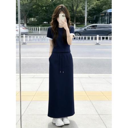 BY20967# 藏青色运动休闲短袖t恤套装裙女夏季新款超火半身裙两件套  服裝批發女裝批發服飾貨源
