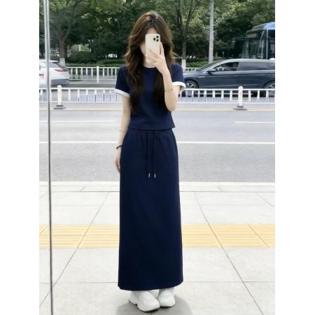 BY20967# 藏青色运动休闲短袖t恤套装裙女夏季新款超火半身裙两件套  服裝批發女裝批發服飾貨源